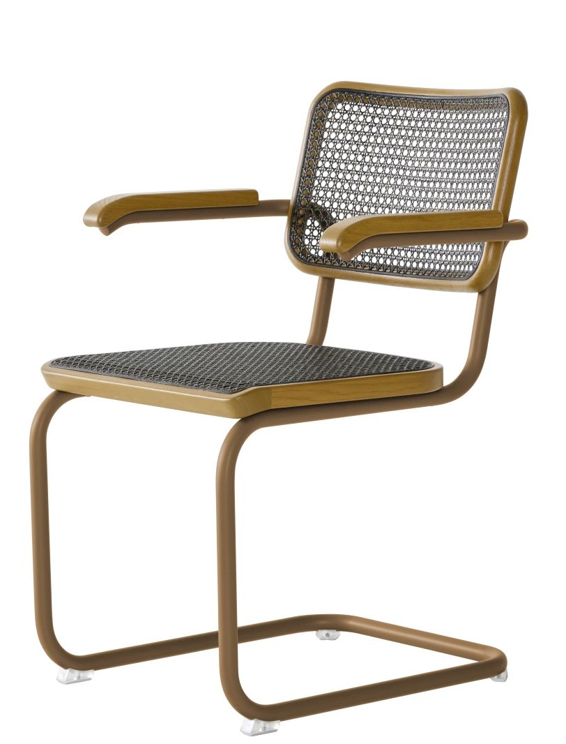 S 64 V Thonet Freischwinger Stuhl mit Stahlrohrgestell, Holzarmlehnen und Wiener Geflecht, seitliche Ansicht.