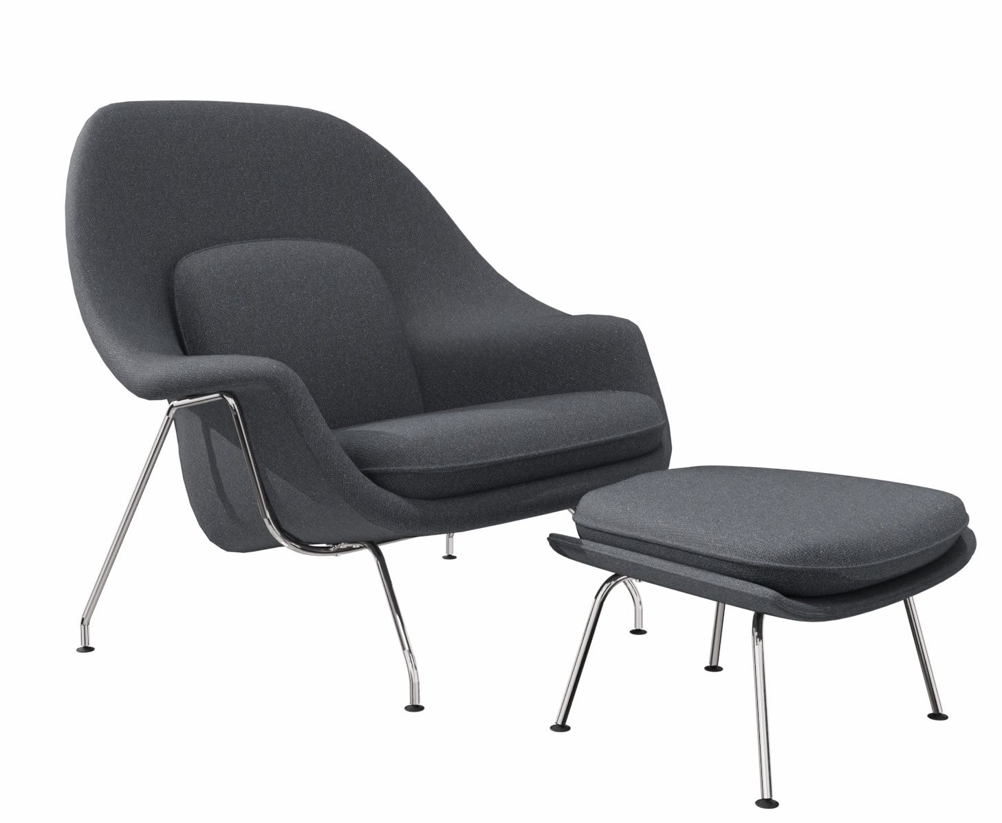 Grauer Womb Chair Sessel mit Fußhocker von Knoll International, moderner Loungesessel mit Chromgestell.