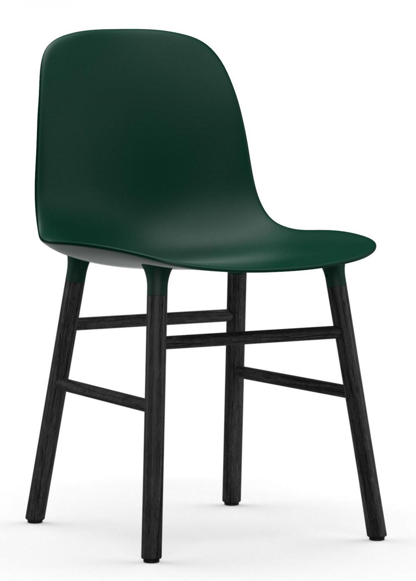 Normann Copenhagen Form Chair Stuhl, dunkelgrüne Sitzschale mit schwarzem Holzgestell, modernes Möbeldesign für Esszimmer und Wohnbereich.