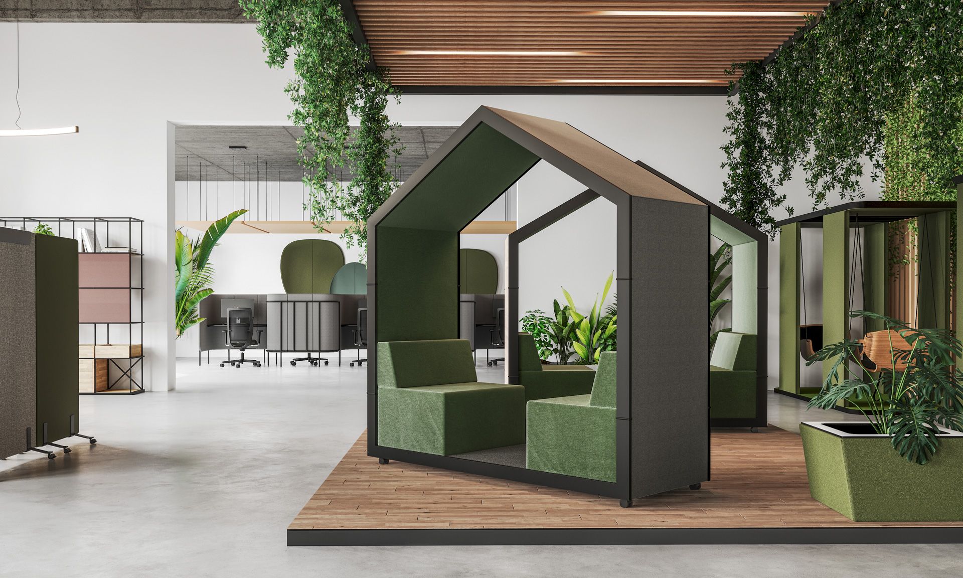 treehouse TH 2 Akustikmöbel von Bejot für zwei Personen im modernen Büro mit Pflanzen.