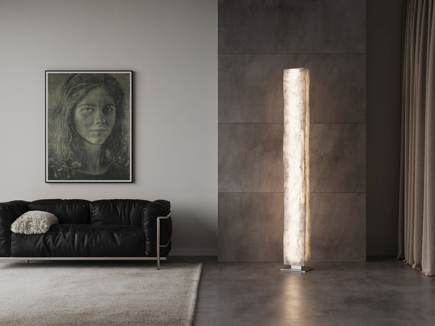 Totem Stehleuchte im Raum: Moderne Stehlampe in Stelenform aus hellem Naturstein, minimalistisches Design.