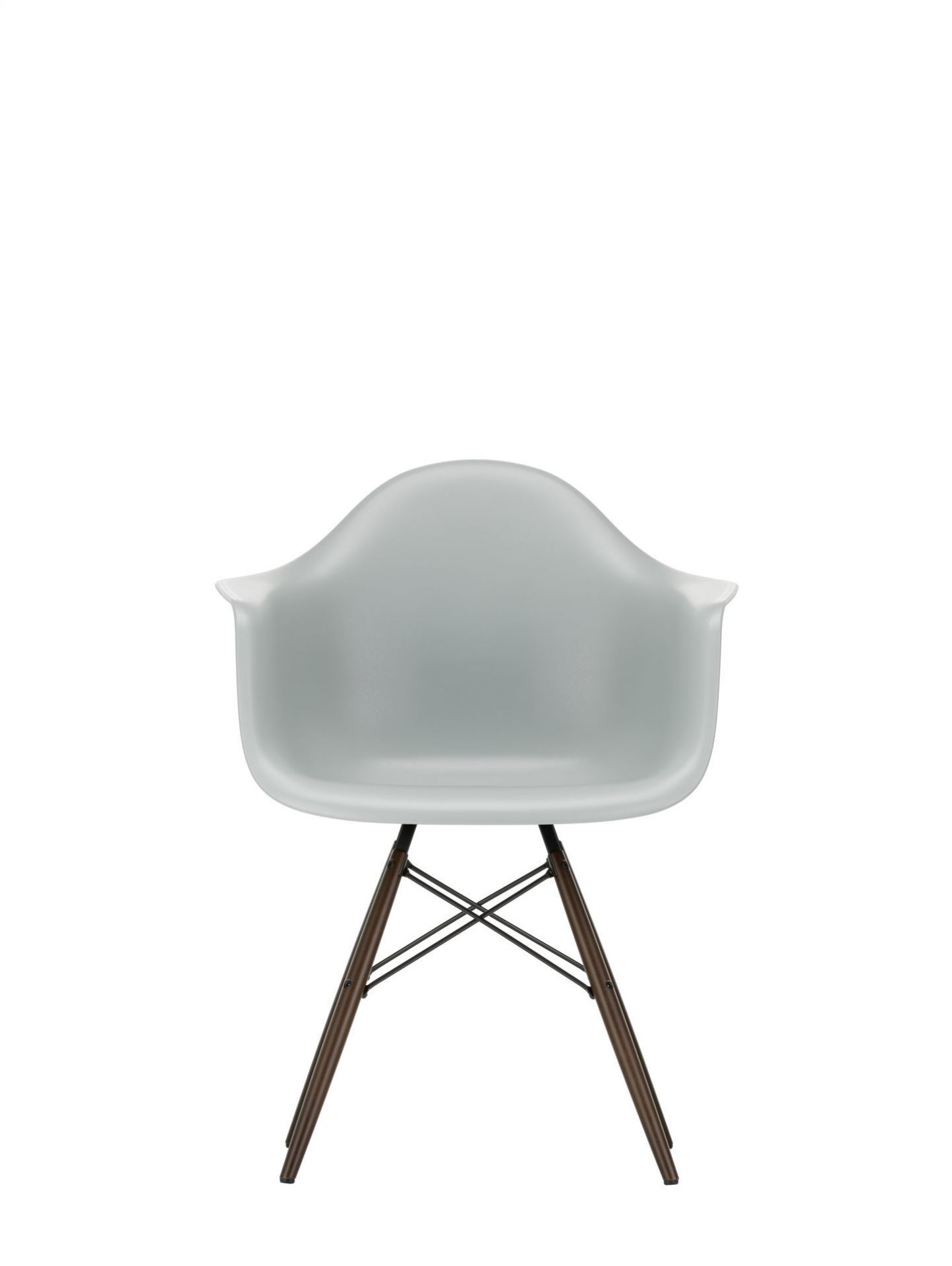 Eames Plastic Arm Chair DAW Stuhl in Weiss mit Ahorn-Gestell, moderner Designklassiker.