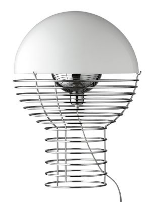 Verpan Wire Large Tischleuchte mit weißem Schirm und verchromtem Drahtgestell, moderne Designerlampe für Wohnzimmer und Schlafzimmer.