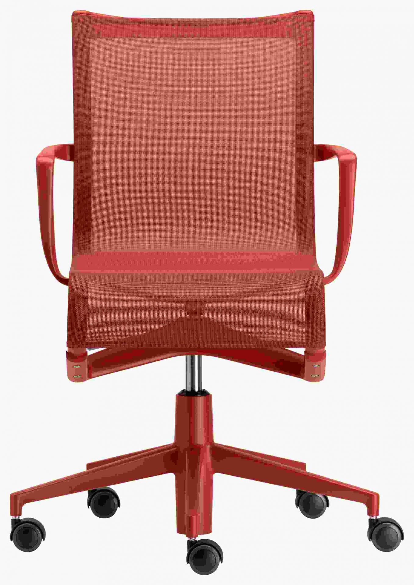 Rollingframe Bürodrehstuhl in Rot mit Armlehnen und Netzstoff-Bezug, ergonomischer Bürostuhl für modernes Büro.