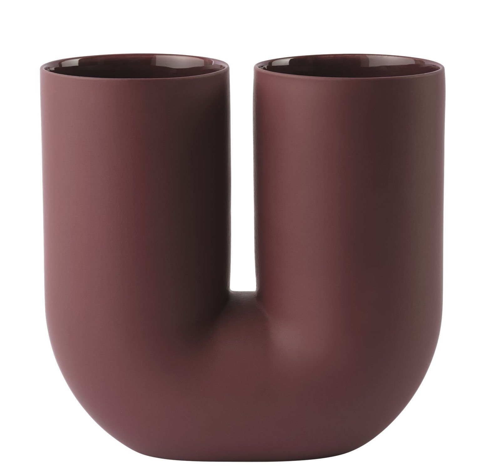Muuto Kink Vase in Tiefrot: Moderne Keramikvase mit zwei Öffnungen und ungewöhnlicher U-Form.