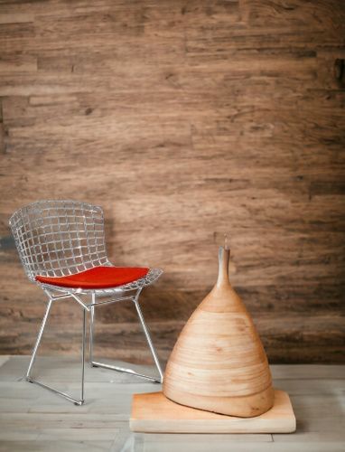 Bertoia Stuhl mit rotem Sitzkissen von Knoll International vor Holzwand. Drahtstuhl Designklassiker.