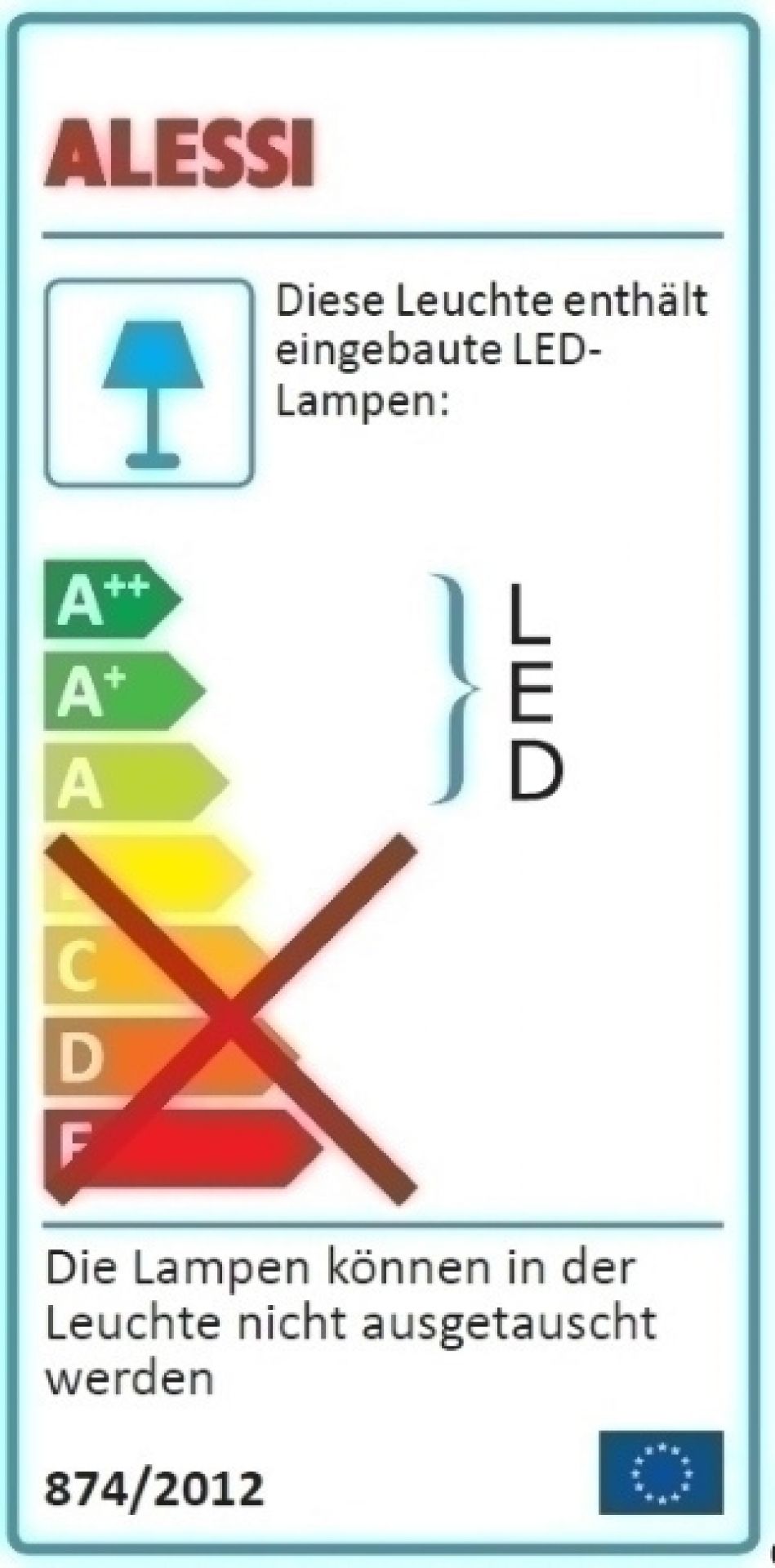 Energielabel der Alessi BM11 Barklamp Tischleuchte mit Energieeffizienzklasse A++ und fest verbauten LEDs.