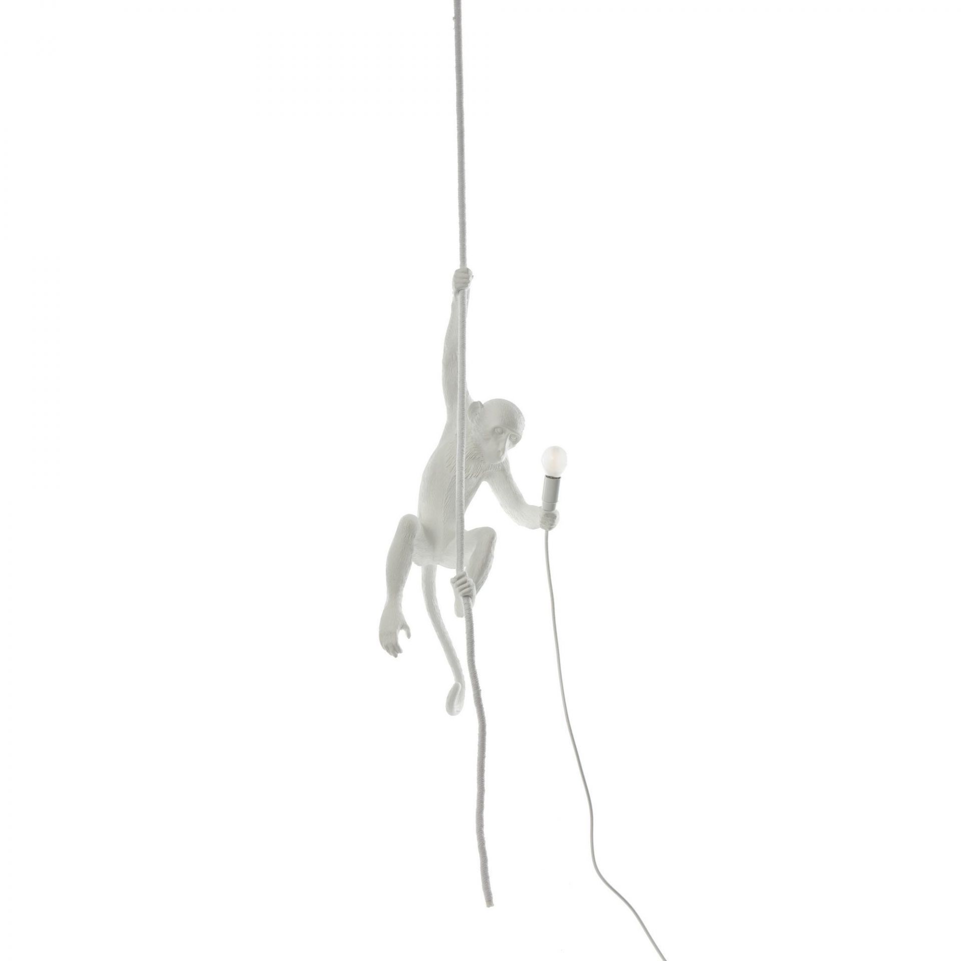 Weiße Monkey Lamp Pendelleuchte von Seletti: Affe hält Glühbirne an einem Seil.