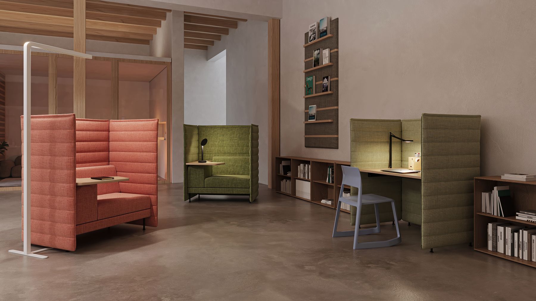 Innenarchitektur mit schalldichten Arbeitsplätzen, Büromöbeln und grauer Tischleuchte.