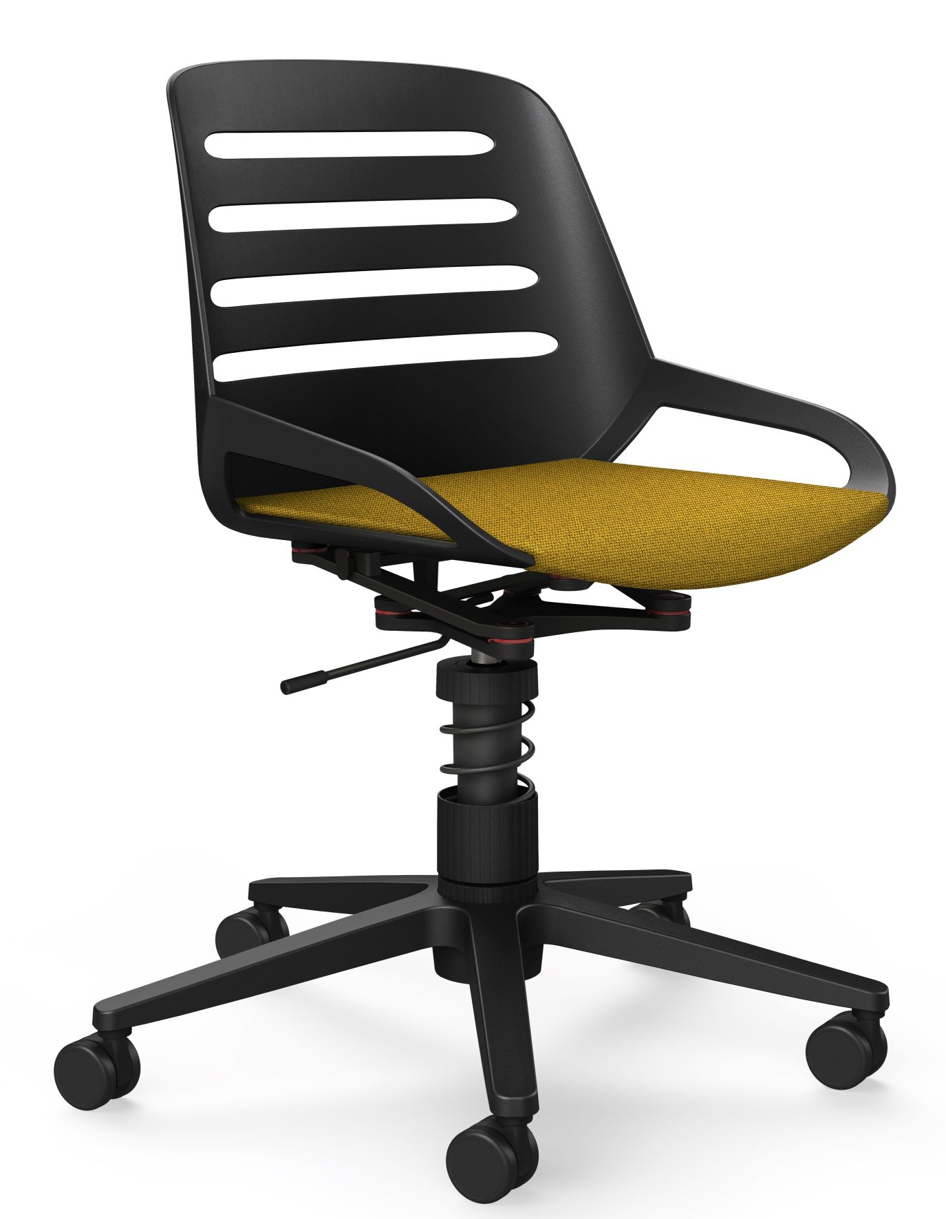 Numo Task Bürodrehstuhl von Aeris mit schwarzem Gestell, gelbem Sitzpolster und Rollen. Ergonomischer Arbeitsstuhl.