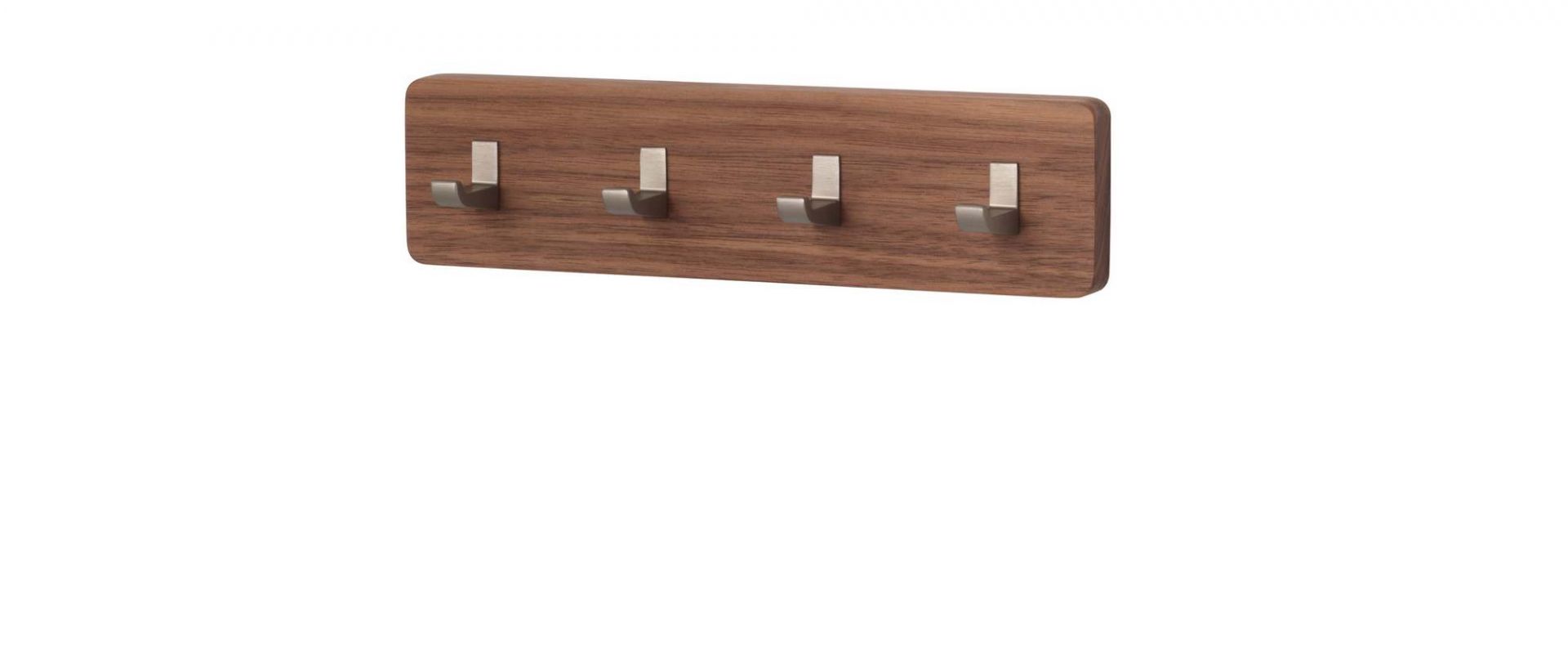Schönbuch Key Bar Schlüsselhakenleiste aus Nussbaumholz mit vier silberfarbenen Haken zur Wandmontage.