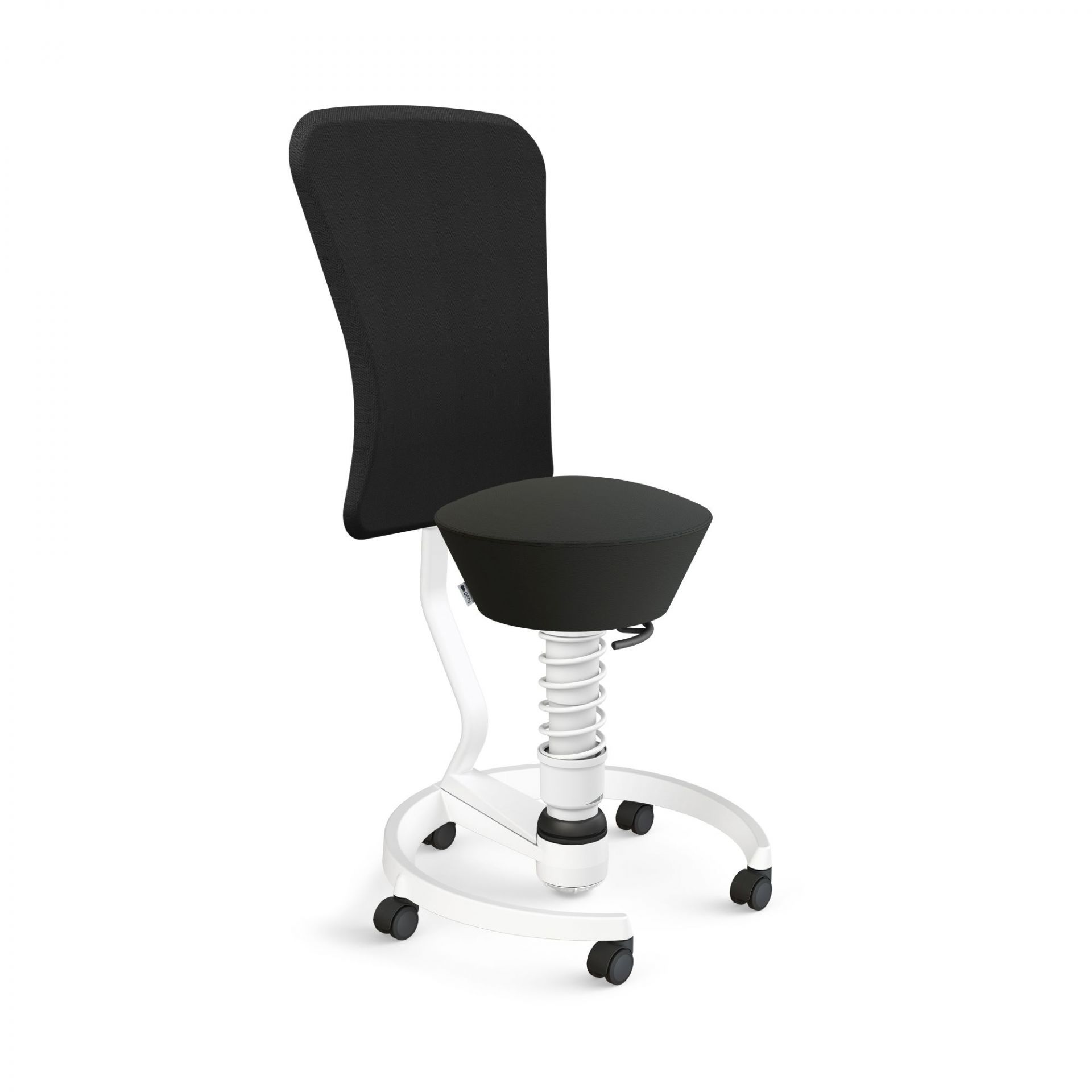 Ergonomischer Bürohocker mit schwarzem Sitz und Rückenlehne, weißem Gestell und Rollen für dynamisches Sitzen.