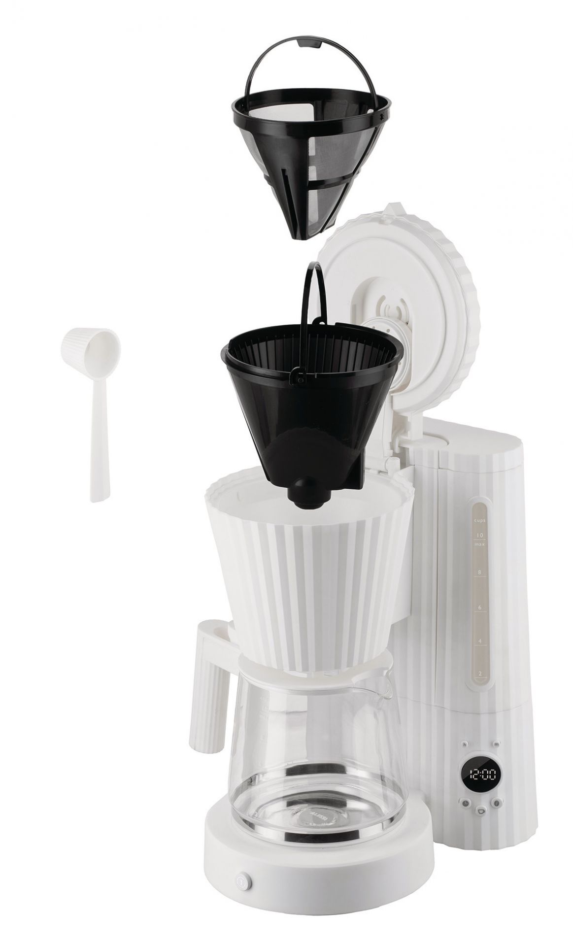 MDL14 Alessi Filterkaffeemaschine in Weiß mit Plissee-Design und schwarzem Filter, Kaffeekanne und Messlöffel.