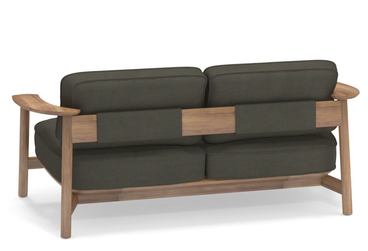 Rückansicht des Twins Sofa Outdoor von Emu mit Holzrahmen und olivgrünen Polstern.