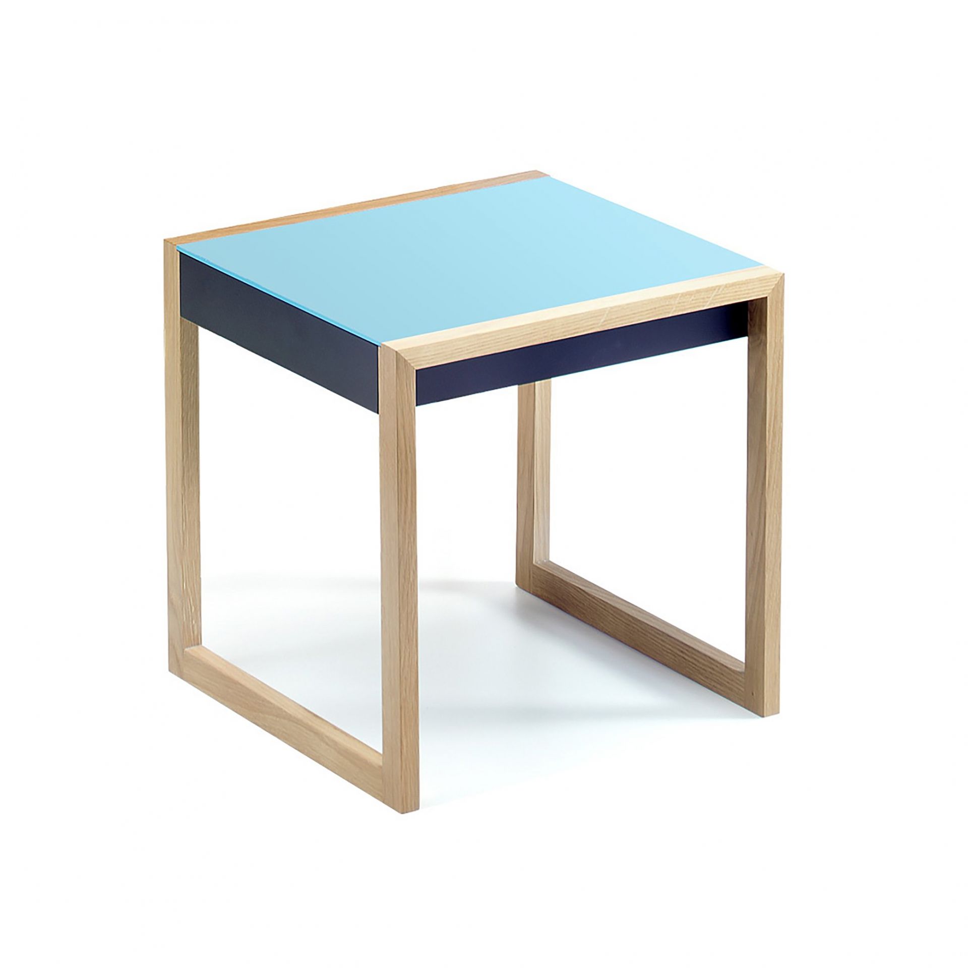 Quadratischer Bauhaus Satztisch aus Holz und blauem Glas, Teil des 4er Sets.