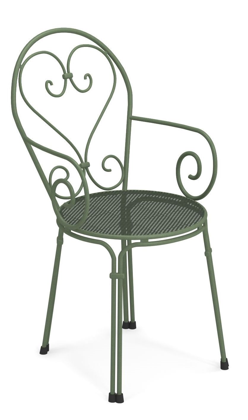 Grüner Pigalle Stuhl von Emu für den Außenbereich, Metallstuhl mit Armlehne und filigranem Design.