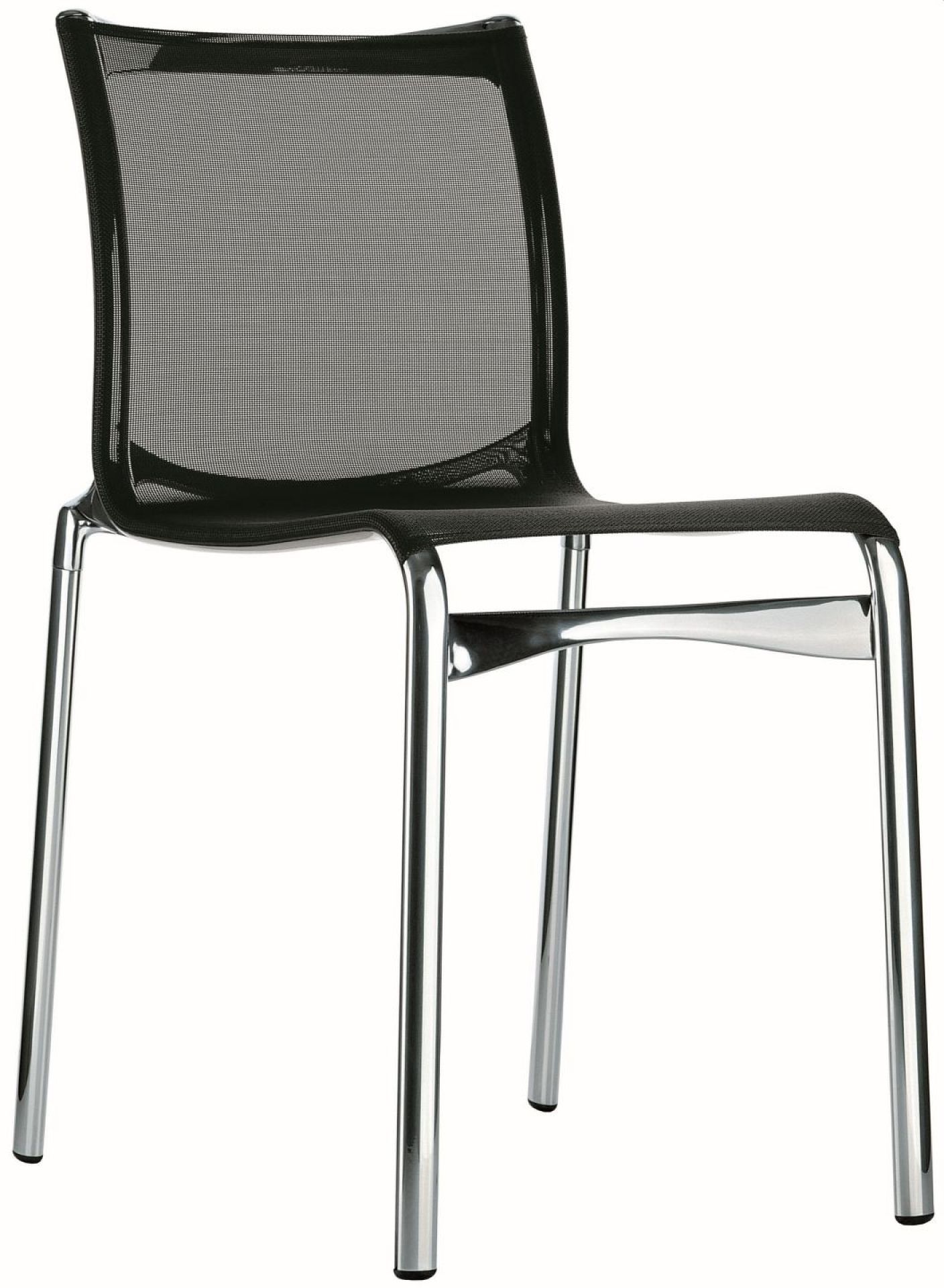 Bigframe Stuhl mit schwarzem Netzgewebe und verchromtem Stahlgestell, moderner Designstuhl für Büro und Wohnbereich.
