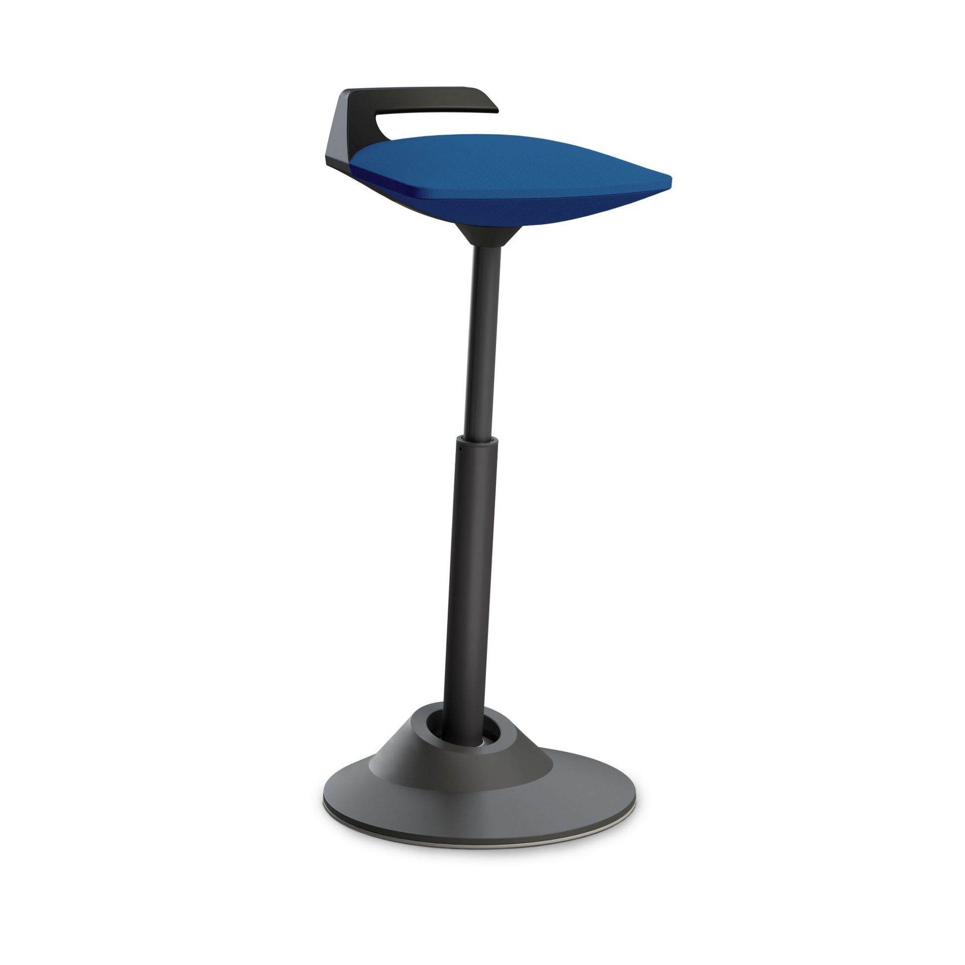 Blauer Steh-Sitz Hocker mit Rückenlehne, höhenverstellbar, ergonomisch für Büro und Homeoffice.