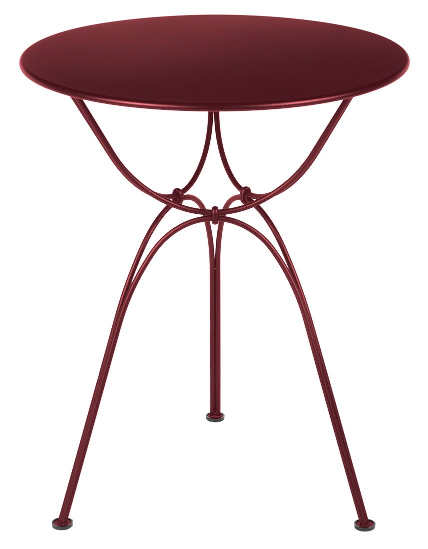 Roter Airloop Tisch von Fermob, runder Outdoor-Tisch mit filigranem Metallgestell für Garten und Terrasse.