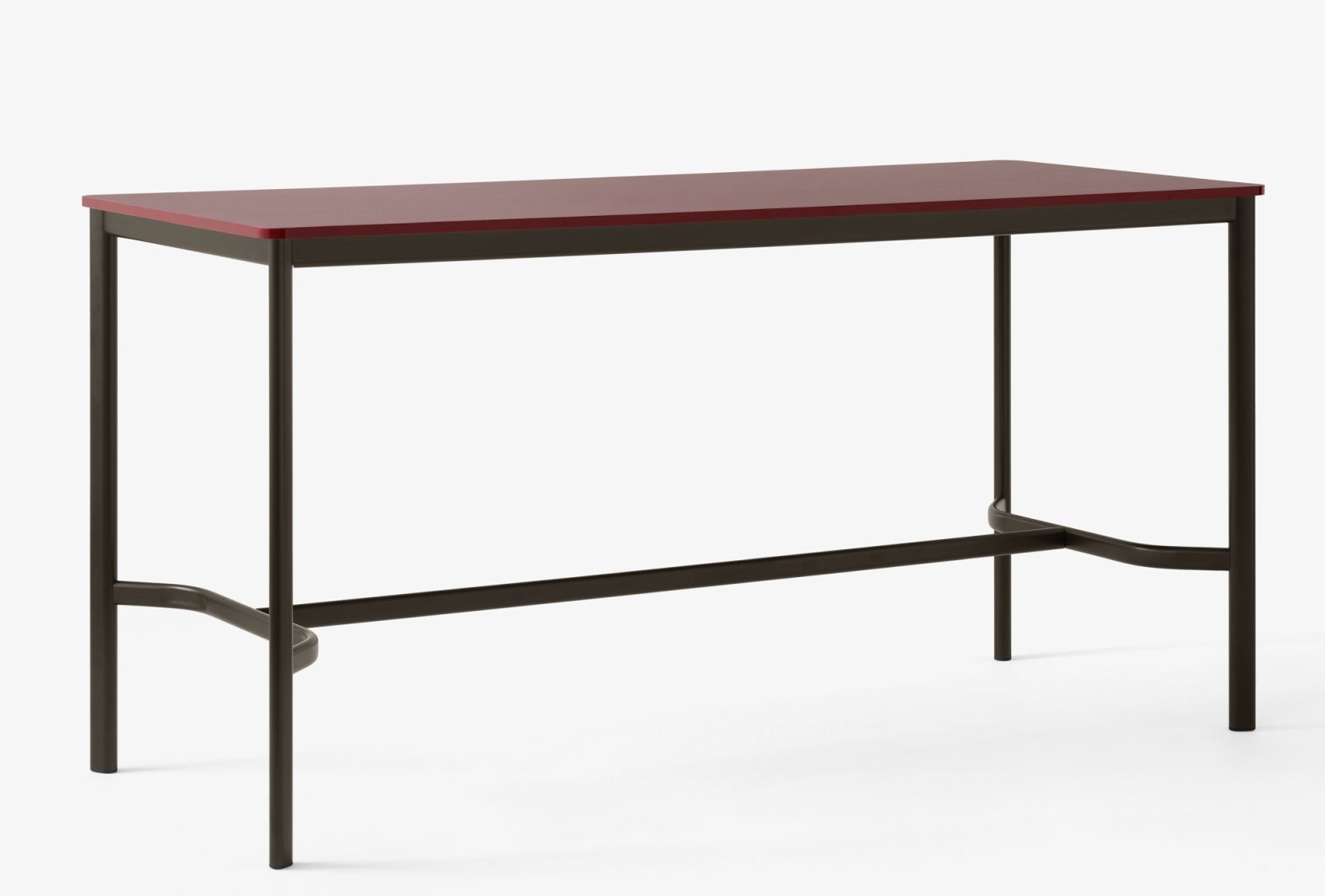 AndTradition Drip High Table: Moderner Stehtisch mit bordeauxroter Tischplatte und dunkelbraunem Metallgestell für Büro und Gastronomie.