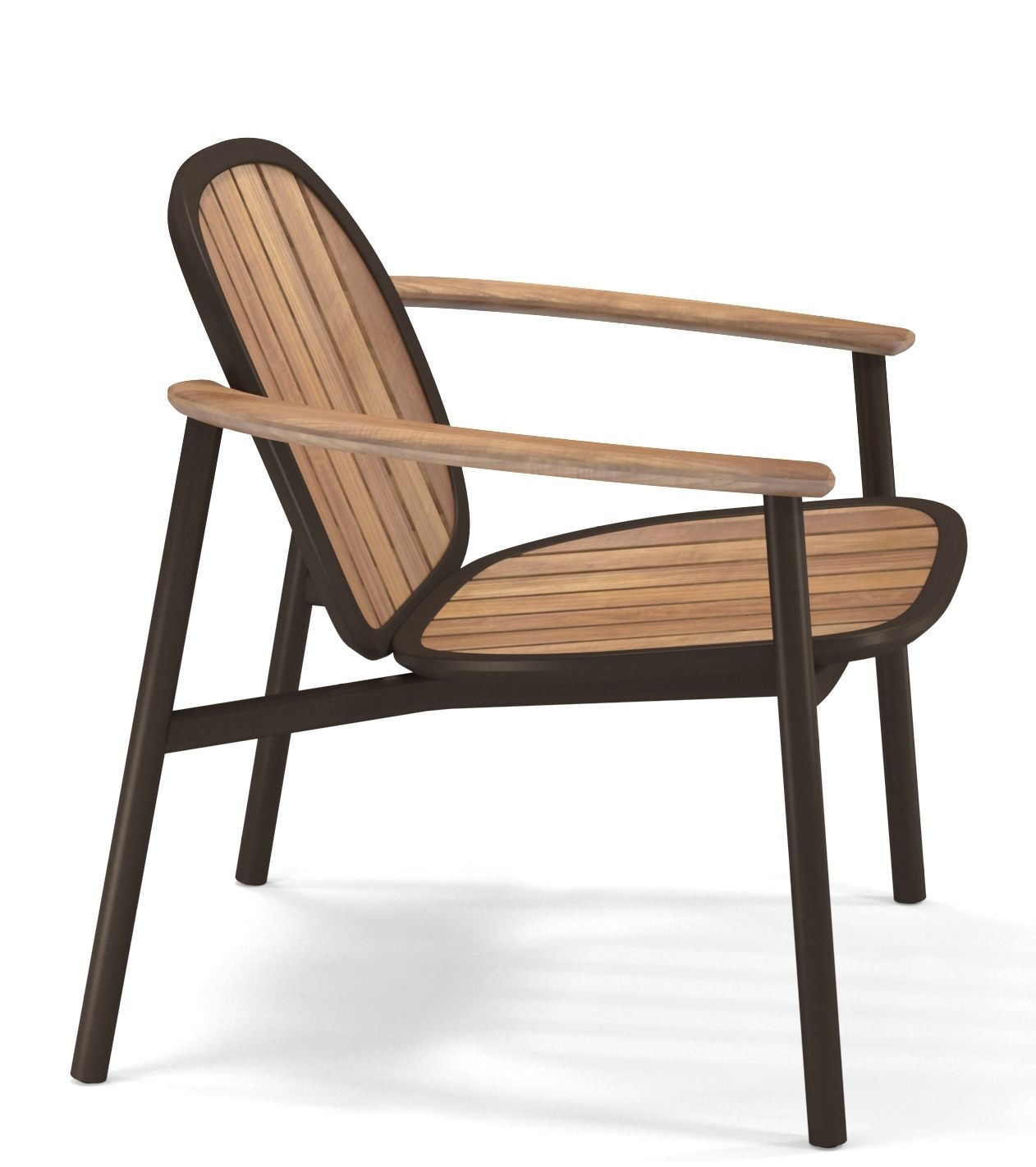 Emu Twins Lounge Chair mit Armlehnen, Outdoor Stuhl aus Holzlatten und dunklem Metallgestell.