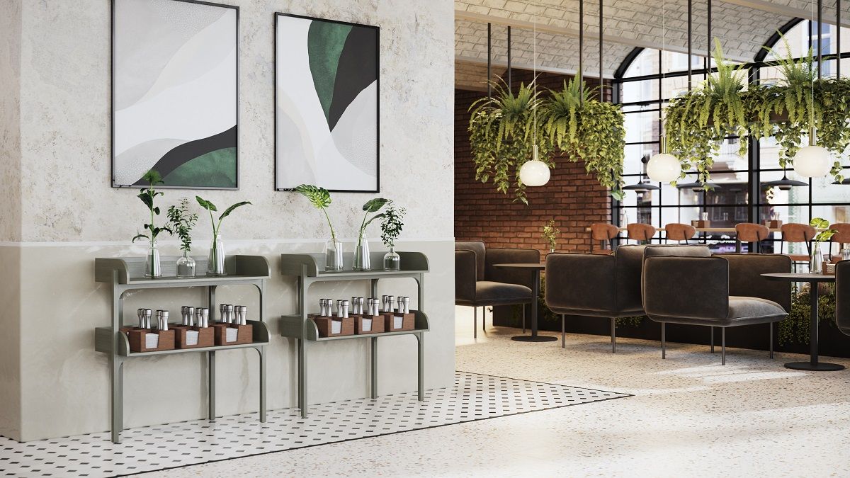 Graues Utility Shelf Regal von Woud mit zwei Ablagen, dekoriert mit Pflanzen und Gewürzen im Restaurant.