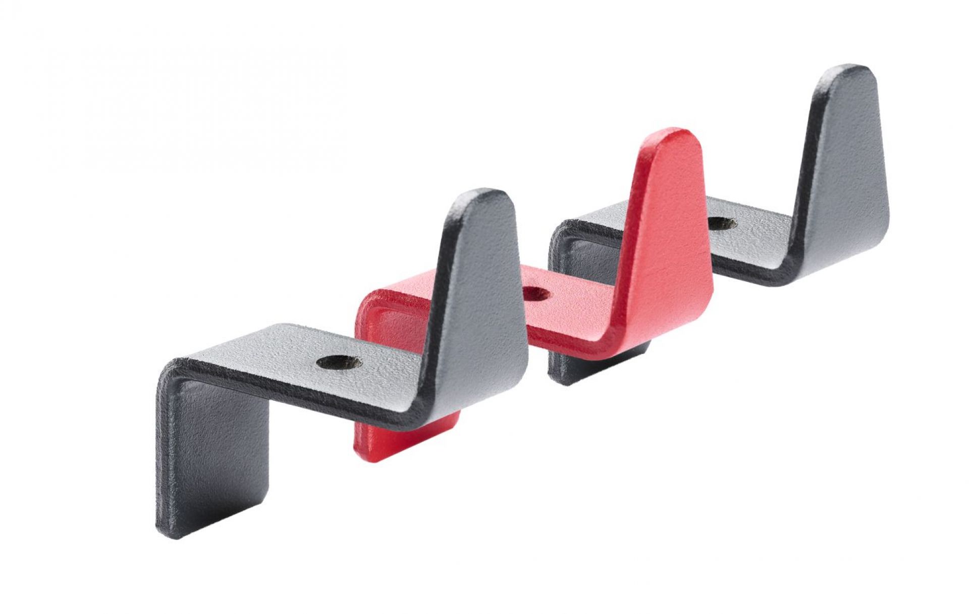 Tojo Angeber Haken 3er Set: Wandhaken aus Metall in Grau und Rot, Detailansicht.