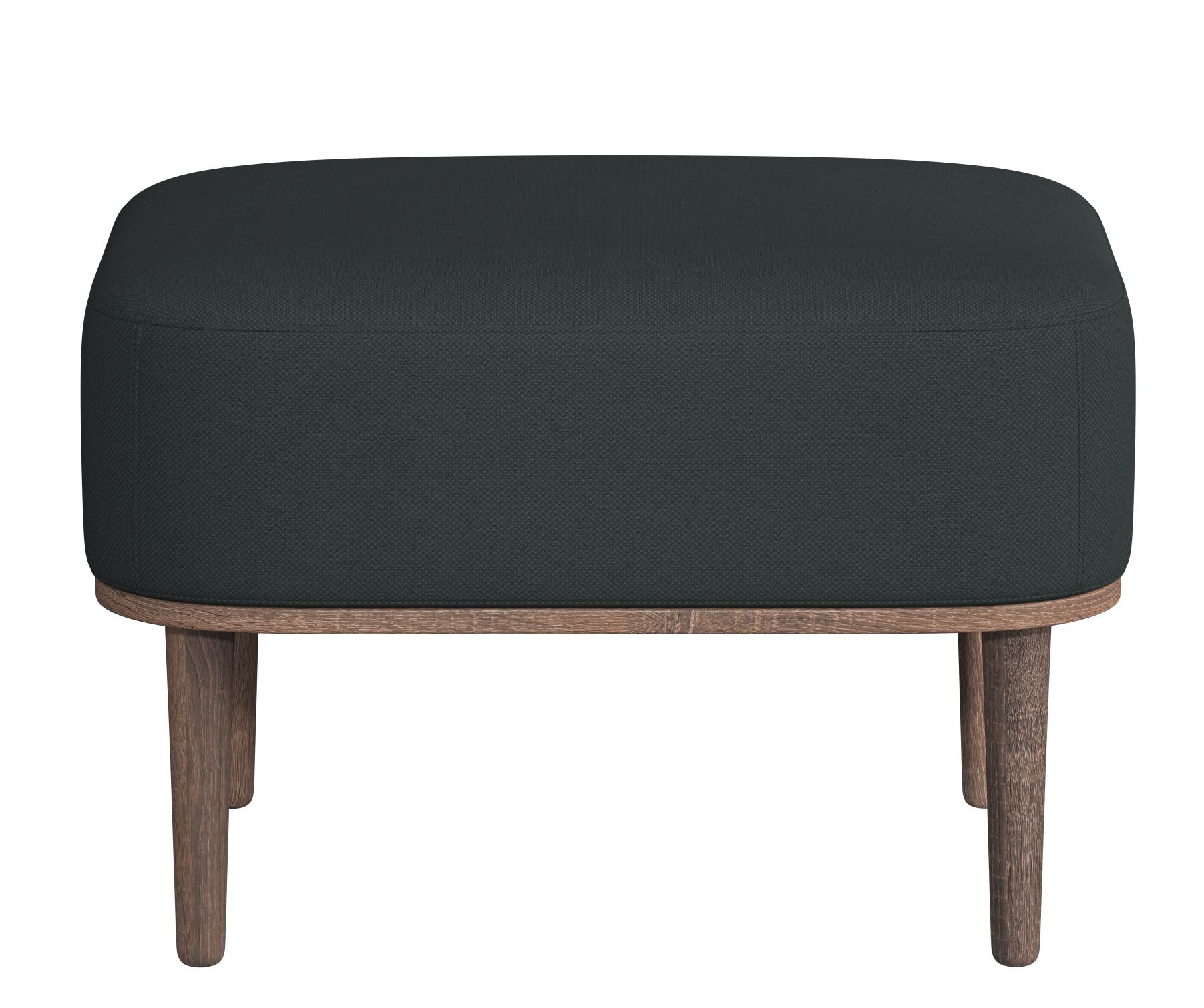 Serena Pouf Ottoman in Phantom Grau mit dunkel gebeiztem Eichenholz Gestell. Fußhocker.