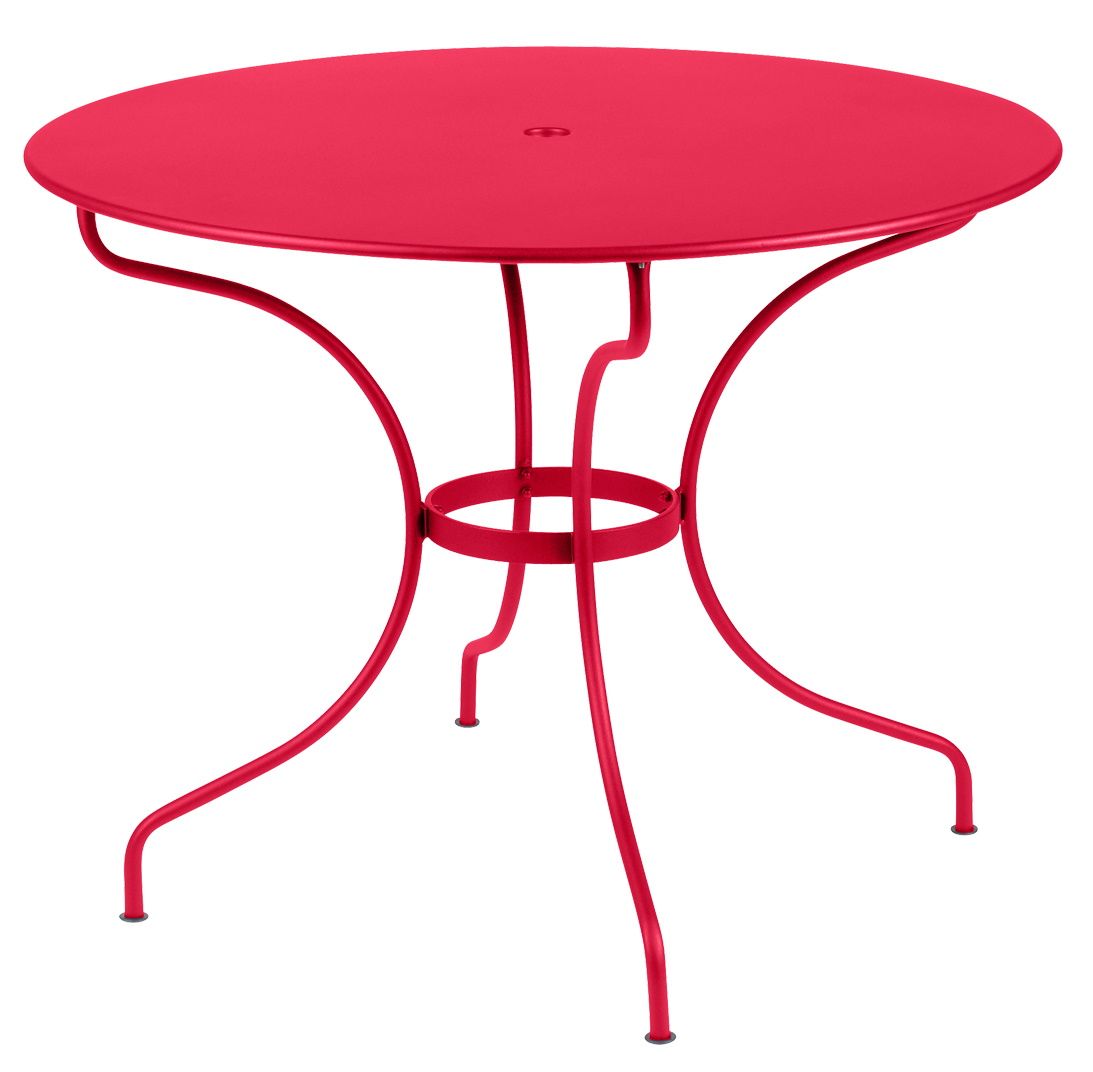 Runder, roter Opéra+ Tisch von Fermob für den Außenbereich, ideal für Garten und Terrasse.