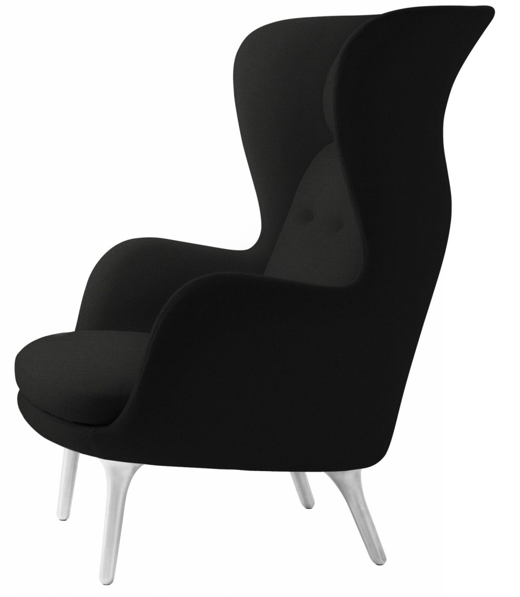 Schwarzer Ro Sessel von Fritz Hansen mit Aluminiumfuß, seitliche Ansicht, moderner Design Sessel für Wohnzimmer.