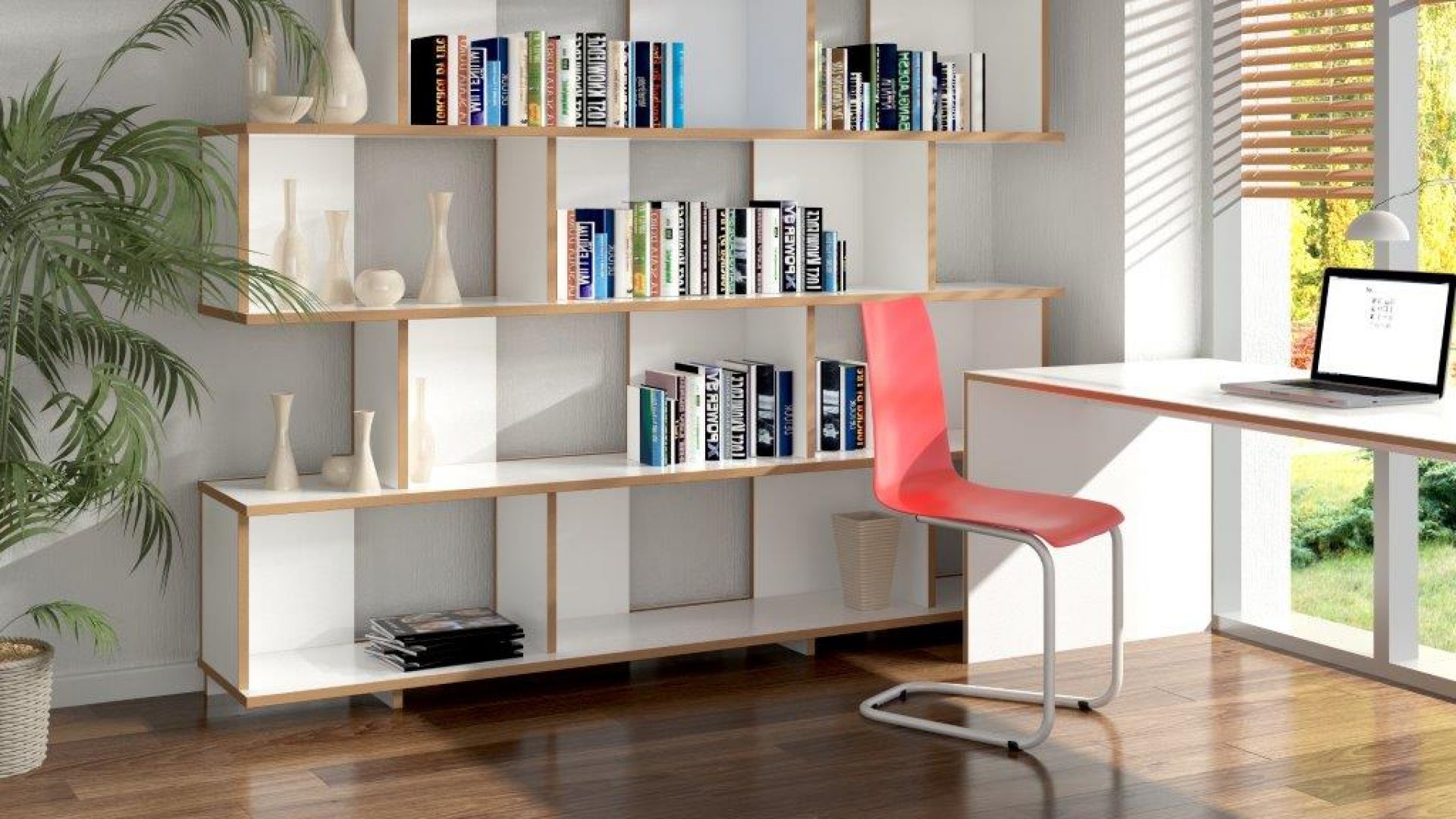 Roter Tojo Stuhl vor weißem Schreibtisch und Regal, modernes Möbeldesign für Büro und Wohnraum.