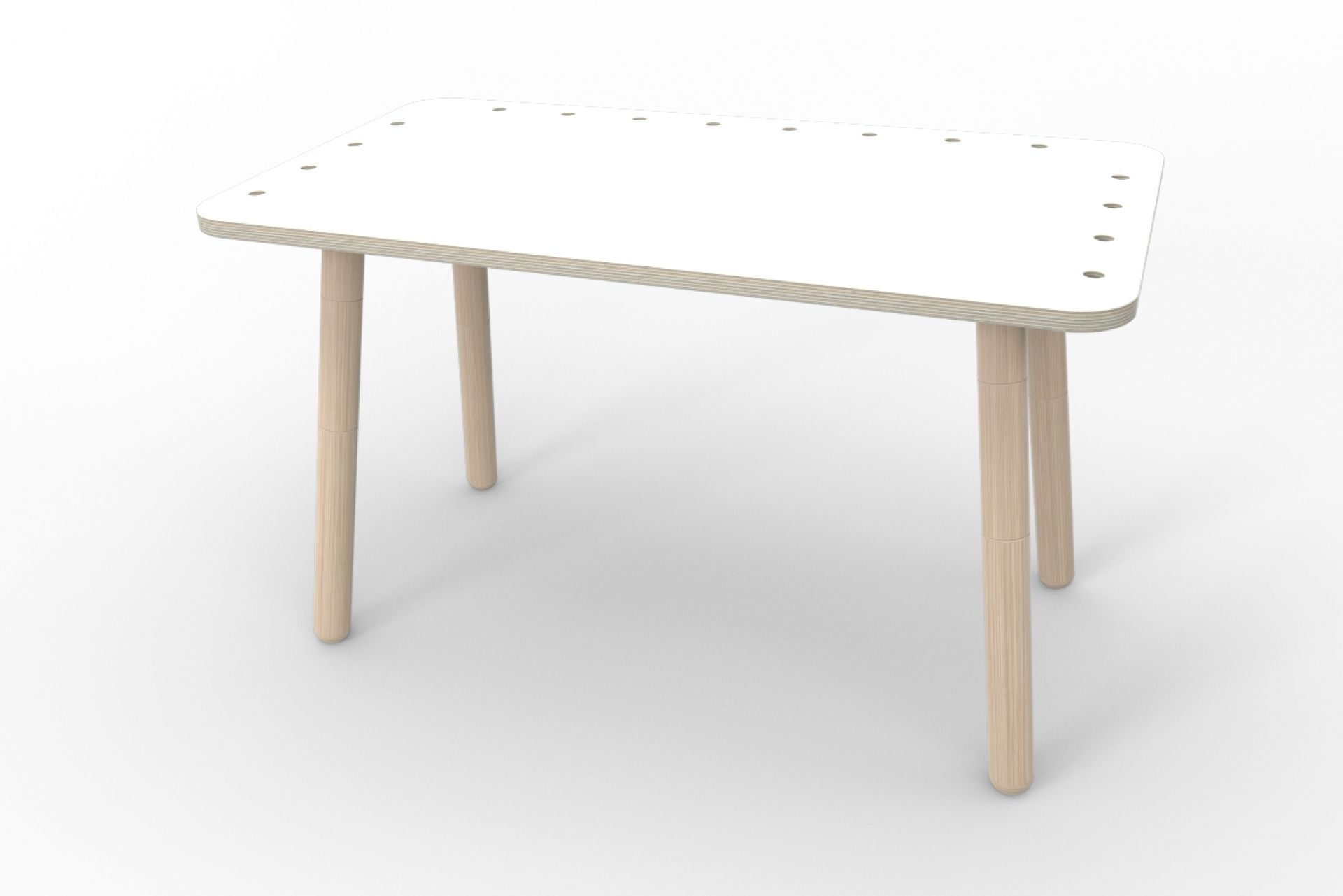 Weißer Kindertisch "Growing Table" mit hellen Holzbeinen, höhenverstellbar, für Kinderzimmer und Spielzimmer.