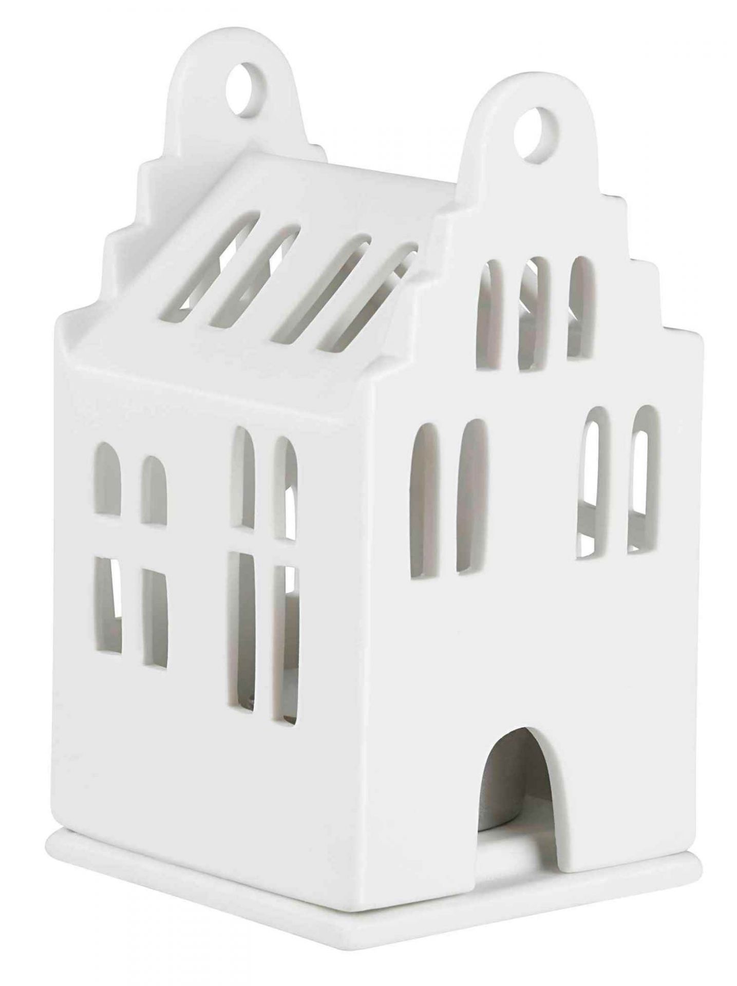 Weißes Mini Lichthaus Giebelhaus aus Keramik, dekoratives Wohnaccessoire für stimmungsvolle Beleuchtung im Innenbereich.