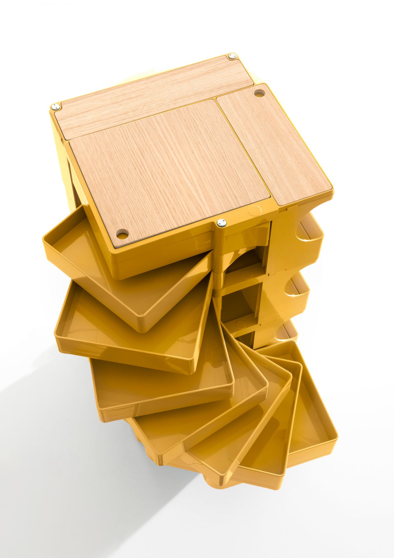 Boby B46 Rollcontainer in Cumin: Ansicht von oben mit ausziehbaren Fächern und Holzplatte.