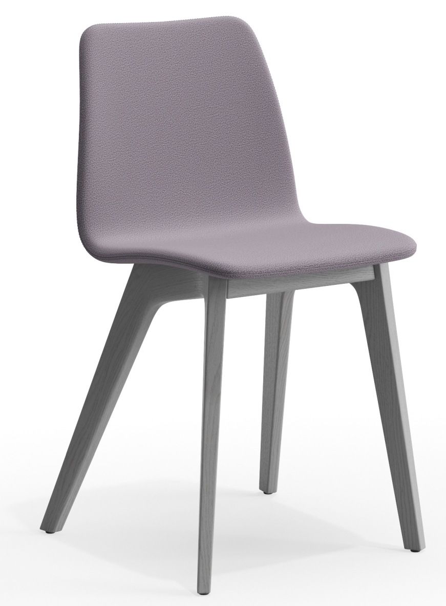 Morph Holzstuhl mit lila Polsterung und hellgrauem Holzgestell, modernes Design für Esszimmer und Wohnbereich.