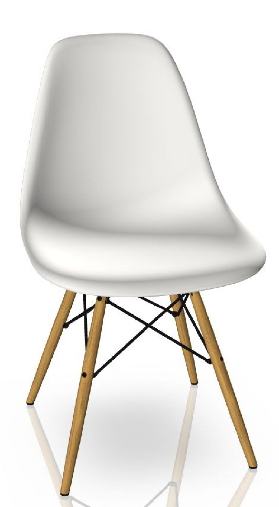 Weißer Eames Plastic Chair mit Ahorn-Holzbeinen und schwarzem Drahtgestell. Designklassiker für Esszimmer und Büro.