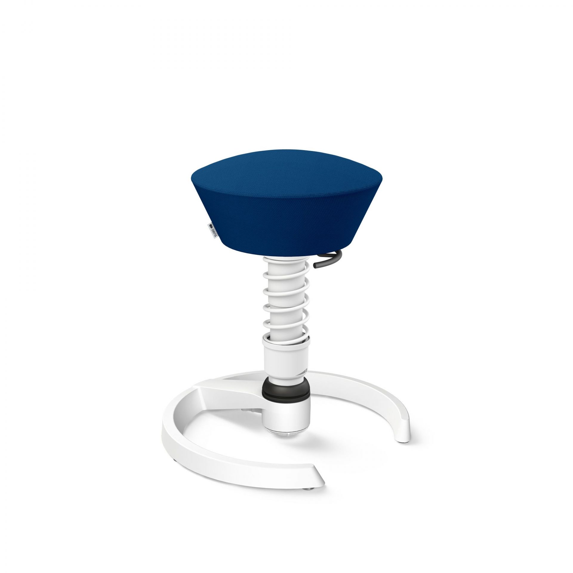Blauer Aeris Swopper Bürostuhl mit weißem Fußkreuz und Feder für ergonomisches Sitzen.