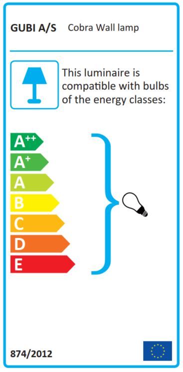Energieeffizienzlabel für Gubi Cobra Wandleuchte, kompatibel mit Leuchtmitteln der Klassen A++ bis E.