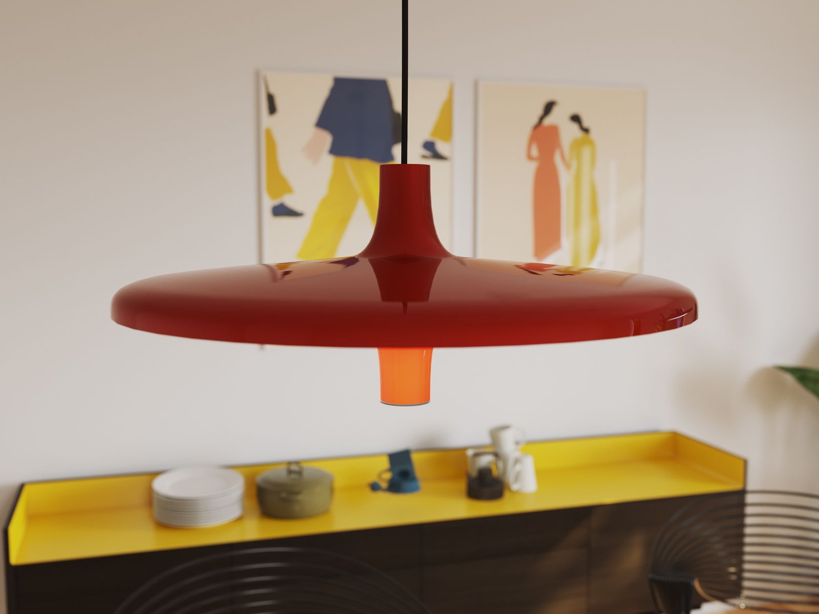 Nahaufnahme der roten Avro Hängeleuchte von Martinelli Luce, modernes Design für Esszimmer und Wohnzimmer.