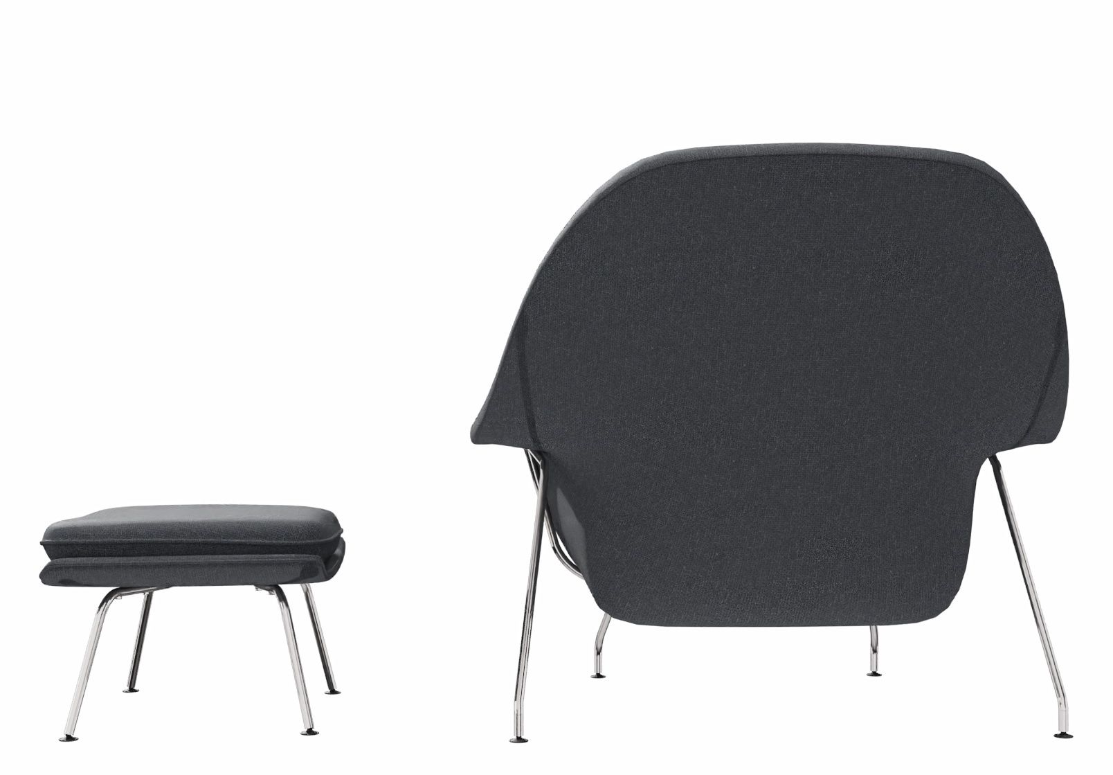 Ansicht von hinten des grauen Womb Sessels mit Hocker von Knoll International auf weißem Hintergrund.