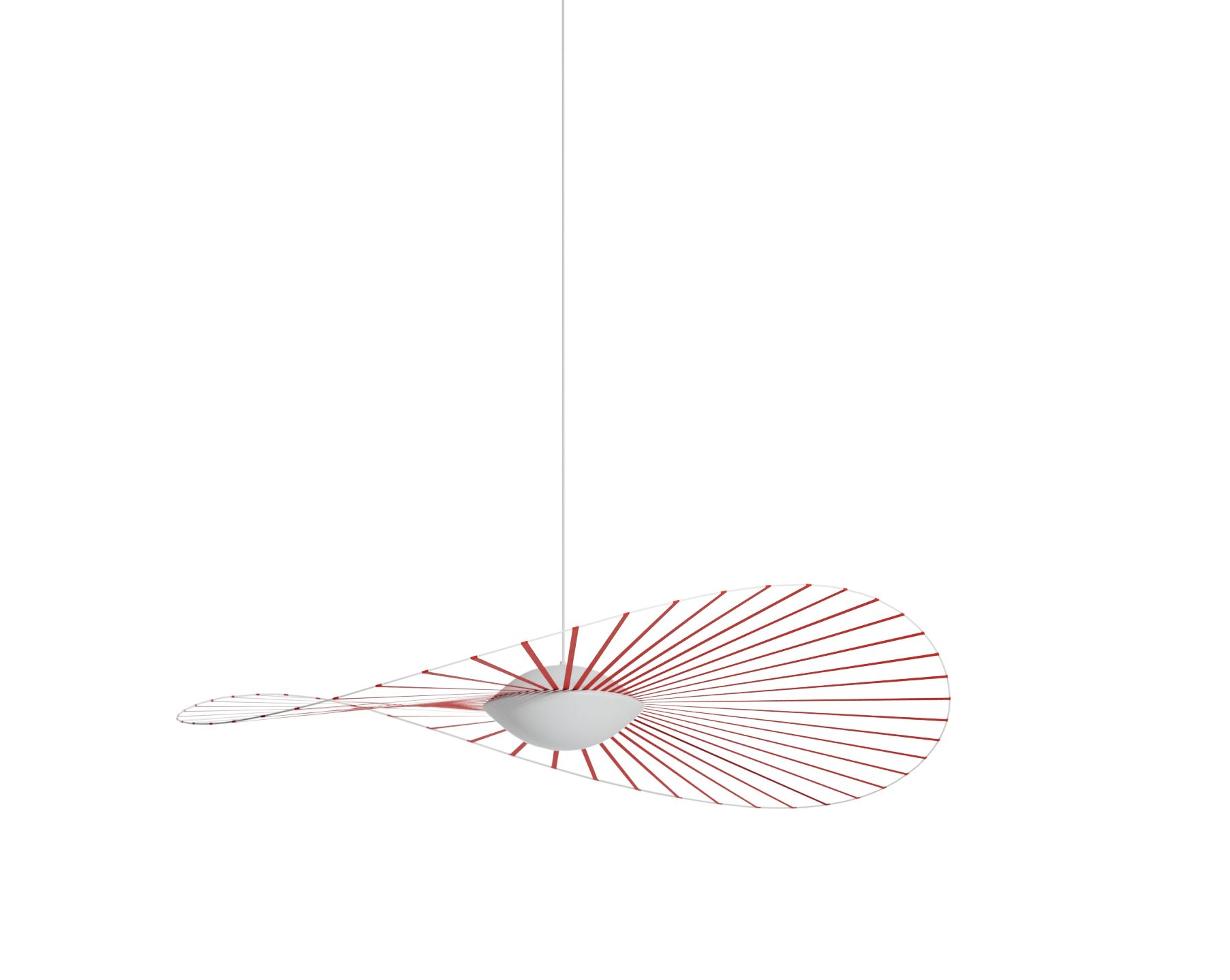 Vertigo Nova Pendelleuchte von Petite Friture in Vermillion mit rotem, grafischem Schirm und weißem Diffusor.