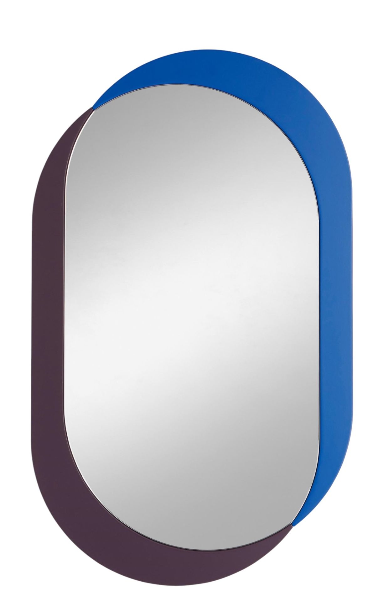 Ovaler Kimo Wandspiegel von Schönbuch mit blauem und auberginefarbenem Rahmen für moderne Flurgestaltung.