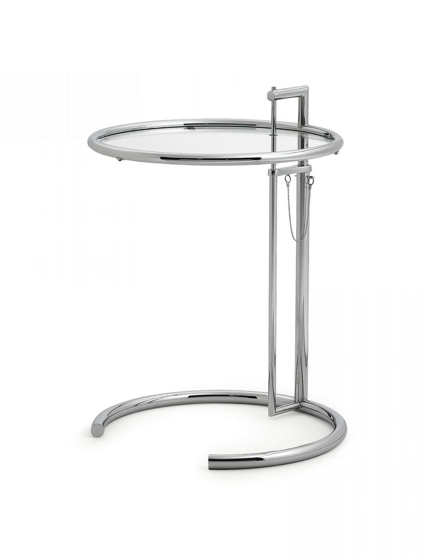 ClassiCon E1027 Beistelltisch mit Glasplatte und verchromtem Stahlrohr-Gestell, höhenverstellbarer Designklassiker.