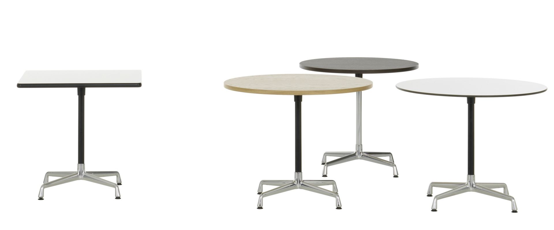 Eames Contract Table von Vitra: Runde und quadratische Tische mit verschiedenen Tischplatten und Fußgestellen.