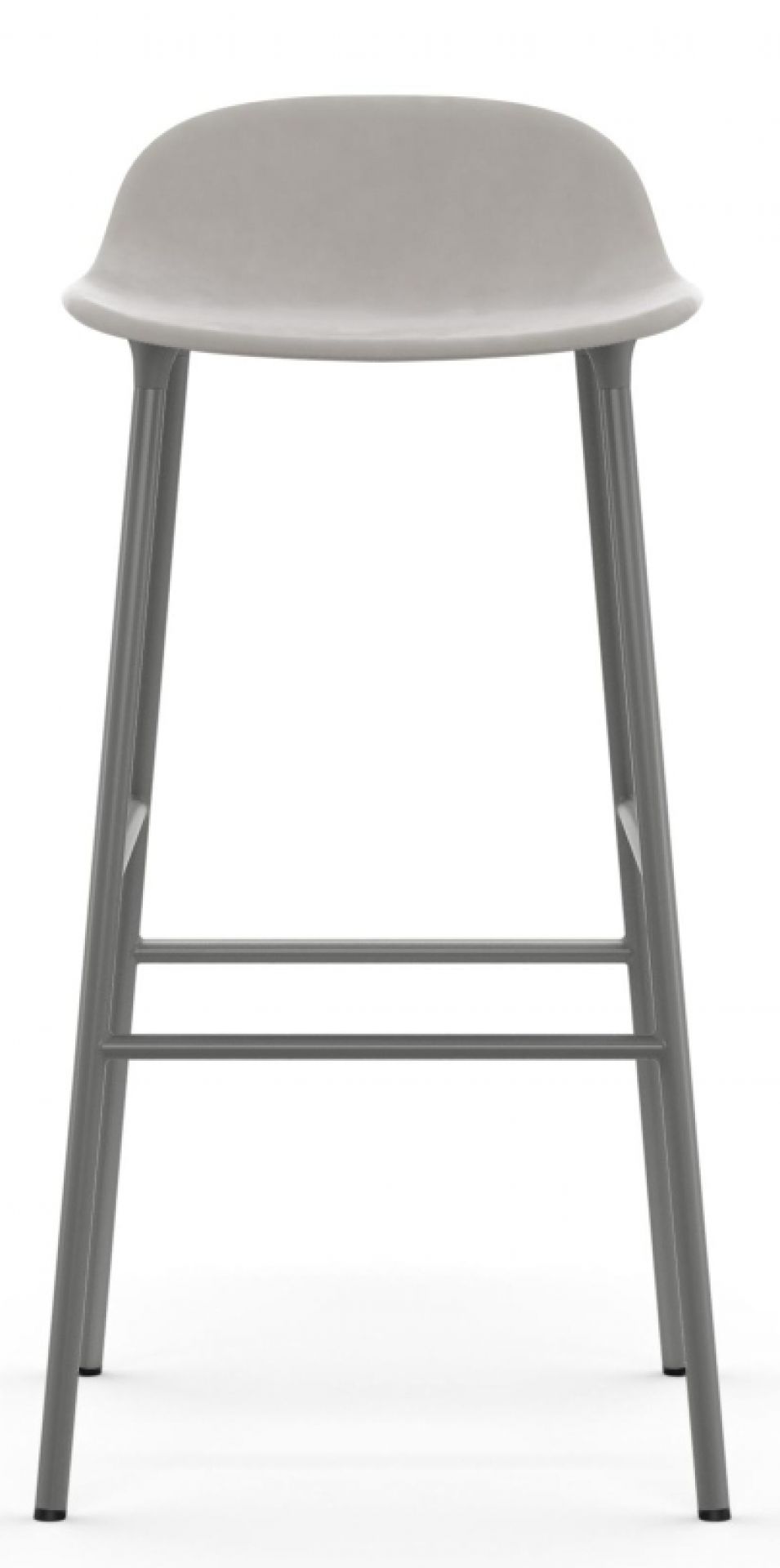 Grauer Form Barhocker von Normann Copenhagen mit Stahlgestell und gepolsterter Sitzfläche, Frontansicht.