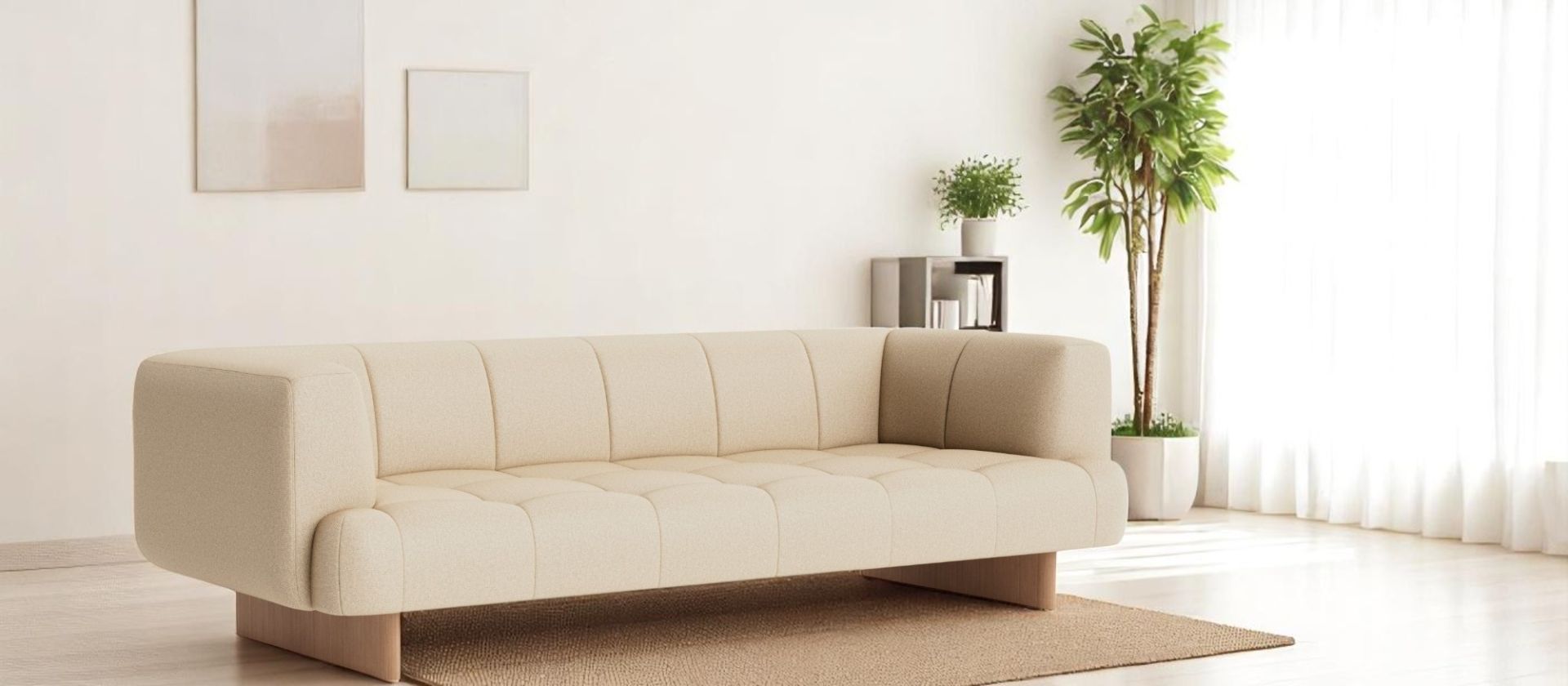 Helles Wohnzimmer mit beigem Quilton Sofa von Hay, minimalistisch und modern für entspanntes Wohnen.