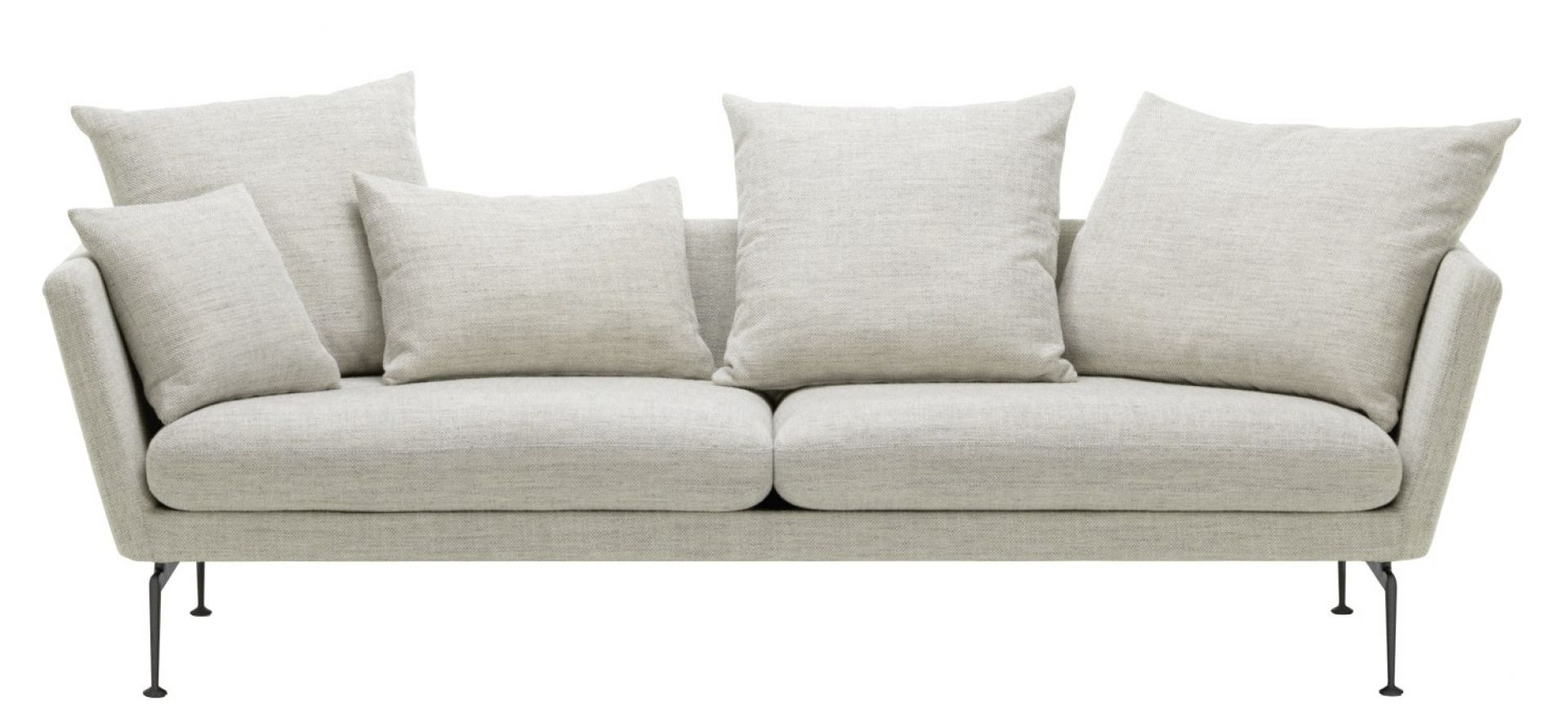 Vitra Suita Sofa, 3-Sitzer in hellgrauem Stoffbezug mit losen Kissen und filigranem Metallgestell.