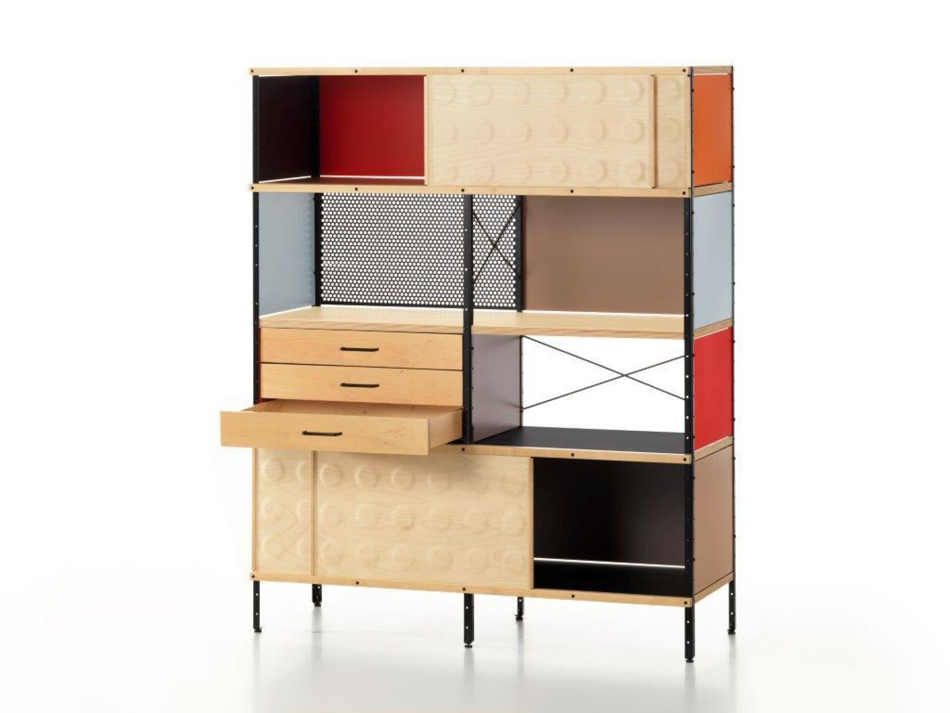 Eames Storage Unit (ESU) Bücherregal von Vitra mit Schubladen, Fächern und farbigen Paneelen.