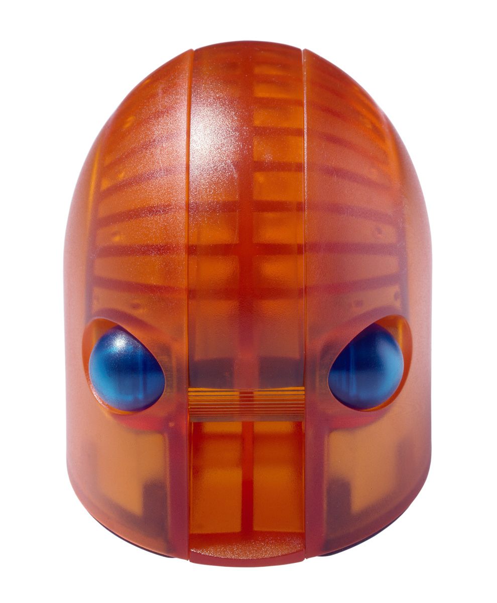 Oranger Hannibal Tape Dispenser von Rexite, ein moderner Klebefilmabroller im futuristischen Design mit blauen Akzenten.