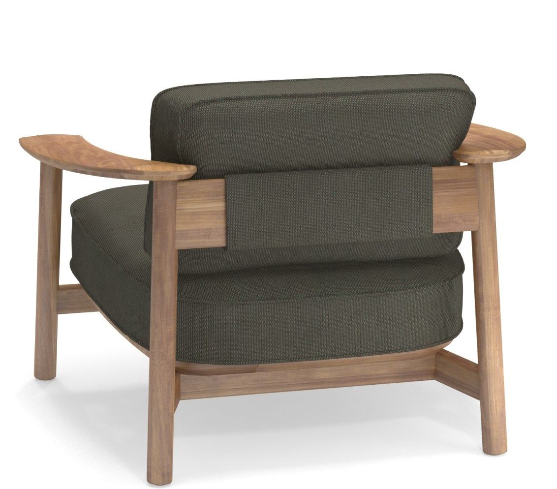 Rückansicht des Twins Lounge Chair Sessels von Emu mit Holzrahmen und olivgrünen Polstern.